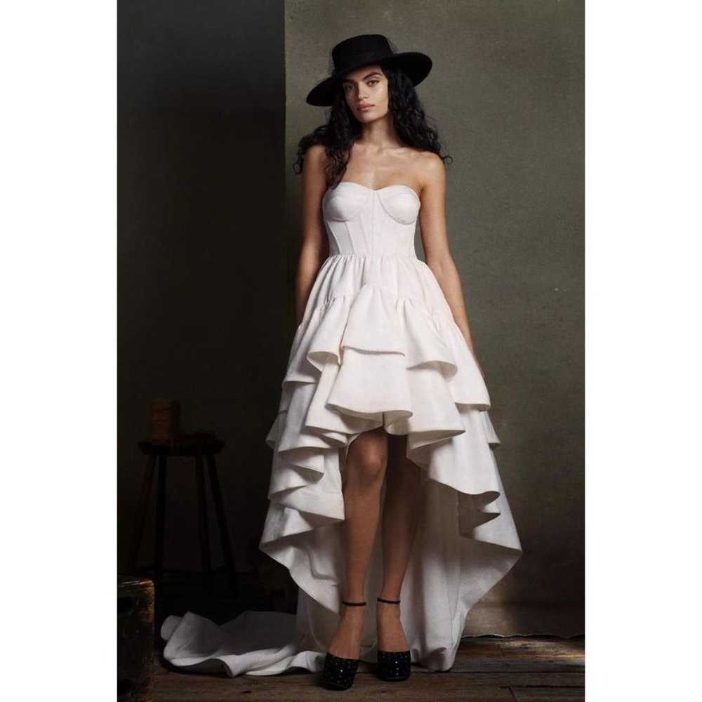 BHLDN Ivory Strapless High-Low Ruffled Wedding Dress